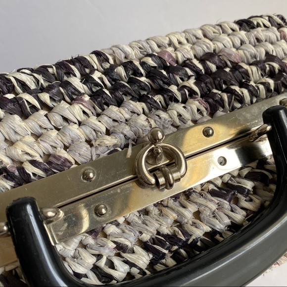 Vintage 50s Box Bag Woven Raffia Straw Purse Gray Black Cottagecore Lunchbox - Picture 7 of 12